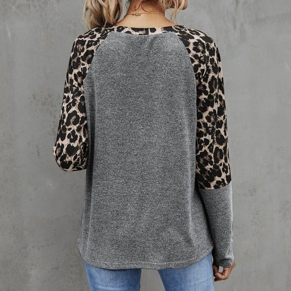 leopard print raglan sleeve top gray - Picture 2 of 4